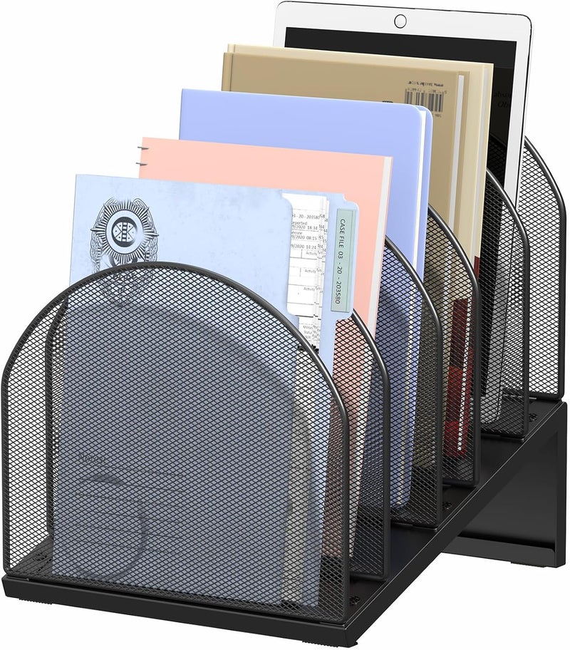 OUTIOE 5-Section Desk File Organizer, Metal Mesh Folder Organizer for Documents, Mail & Office Papers (Black) - Image 1